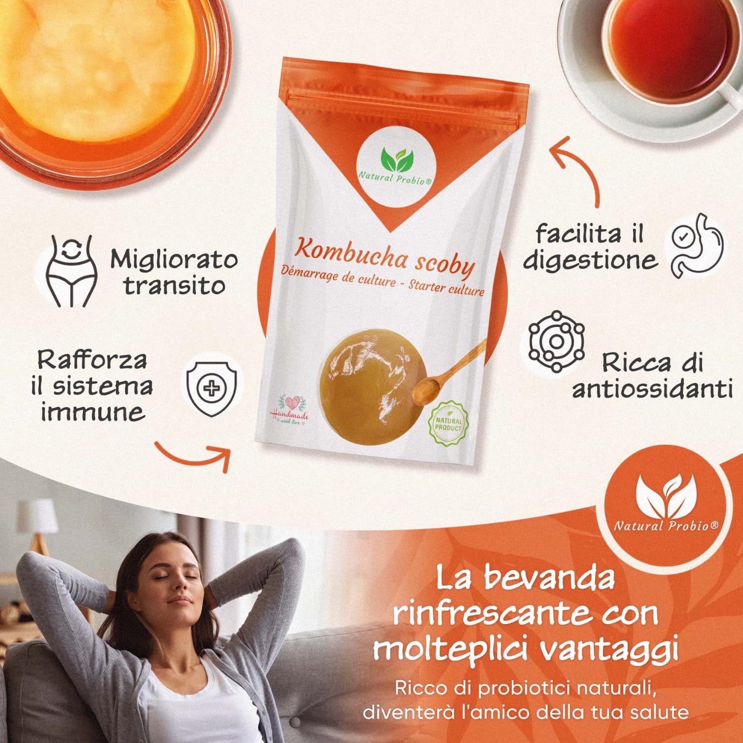 Natural Probio® Original Kombucha Scoby – Kit di avviamento per la coltivazione – Mere de Kombucha – Autentico ceppo + istruzioni complete, ricetta e consigli