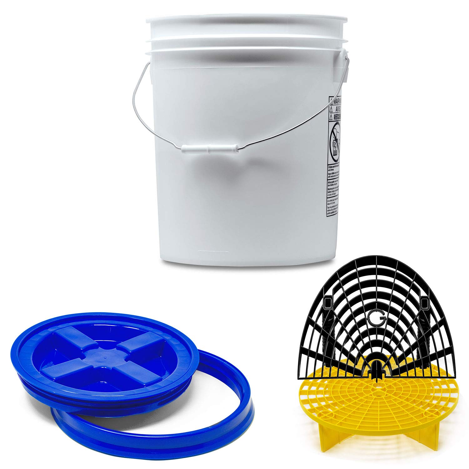Detailmate professionelles Wasch Eimer Set: Wascheimer 5 GAL (ca. 20 Liter), Gamma Seal Eimerdeckel blau, GritGuard Schmutz Einsatz gelb, GritGuard Washboard schwarz