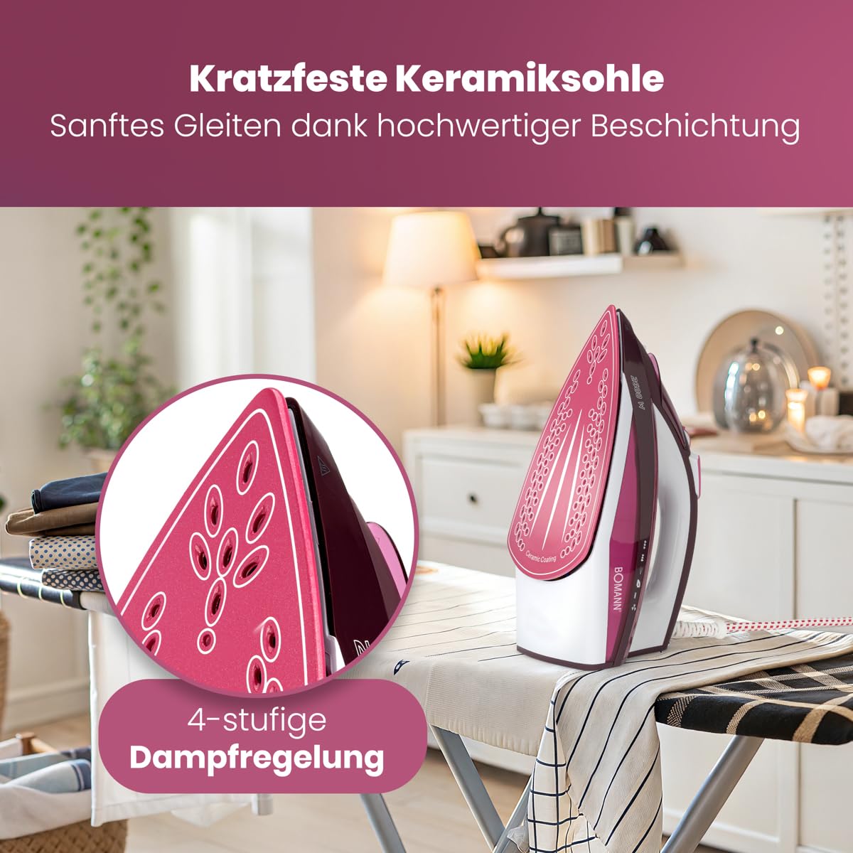 Clatronic DB 3752 stoomstrijkijzer, 3-traps stoomregeling (0-1-2), 7 functies, transparant waterreservoir (ca. 250 ml), rood, 263941
