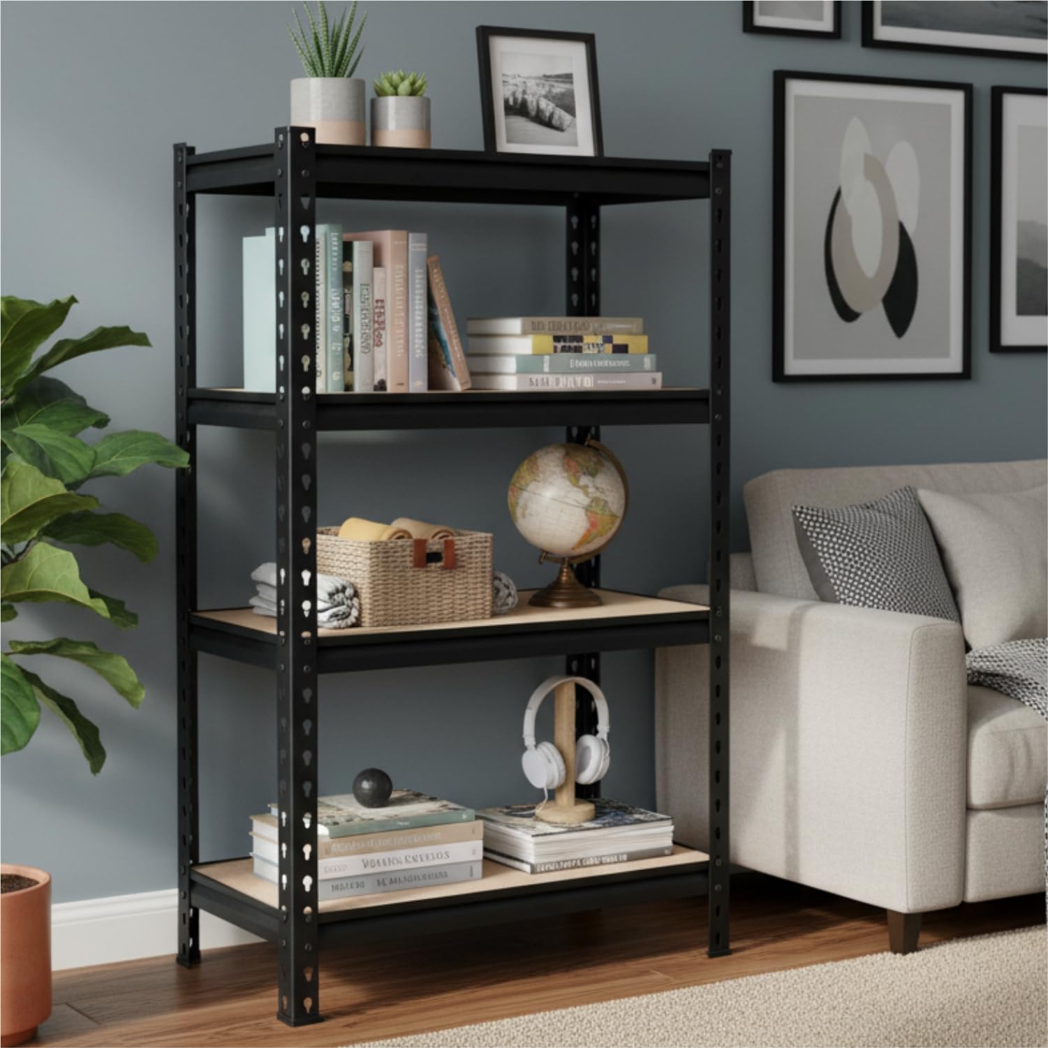 4 Tier Boltless Rack for Storage/60x24x12 Inch Adjustable Metal Shelf/Multipurpose Shelves with Wooden Plank/Industrial Storage Shelving Unit/Organizer for Garage/Home/Warehouse (Black)-image-6