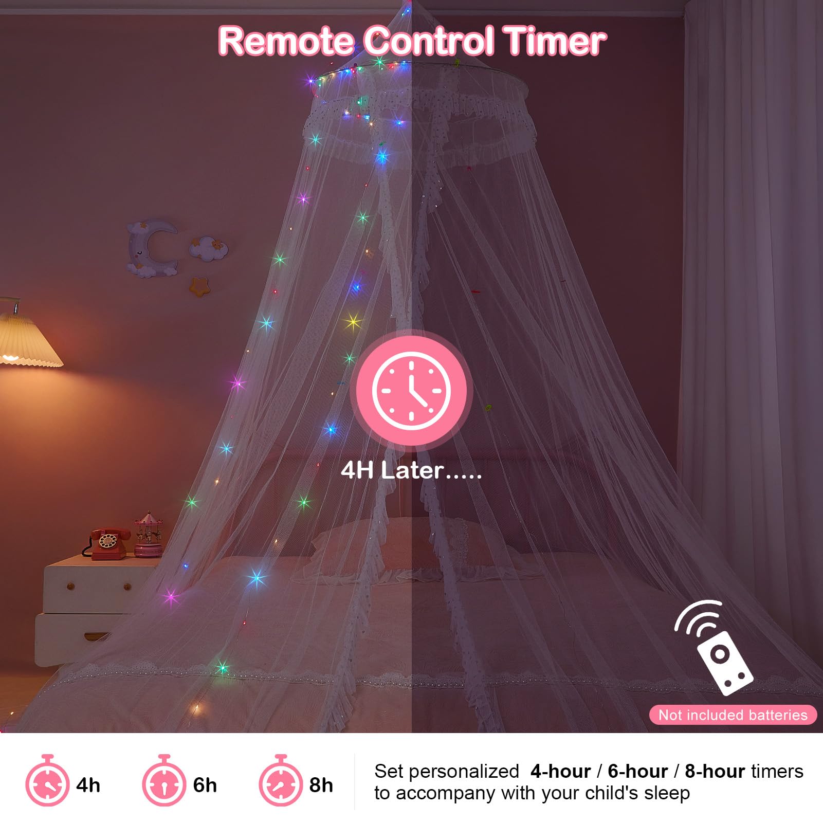Beinou Bed Canopy for Girls with Timer Remote Canopy Bed with Lights Breathable Net Canopy for Bed Kids Girls Room Decor,White