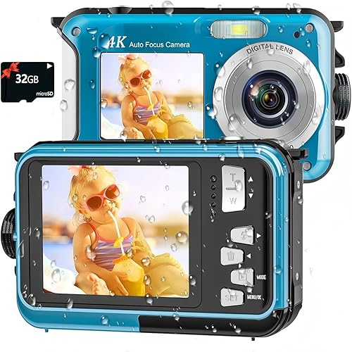 Miniatura 9 de Cámara subacuática 4K de 16 pies Cámara impermeable con tarjeta de 32 GB, enfoque automático de 64 MP, cámara submarina selfie de doble pantalla