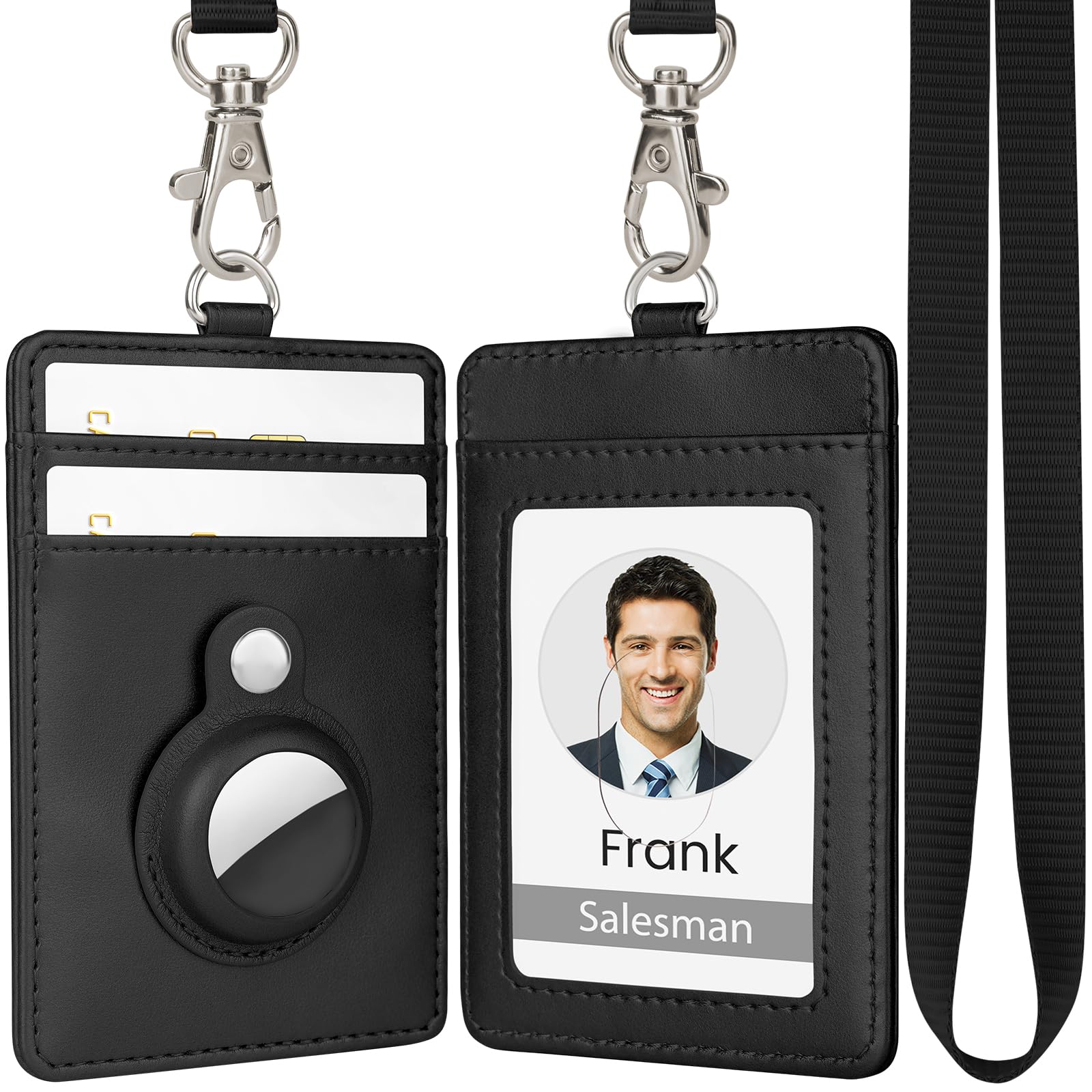 TALONITE Badge Holder for AirTag, PU Leather ID Badge Holder with 1 Clear ID Window & 2 Credit Card Slot & 1 Detachable Neck Lanyard