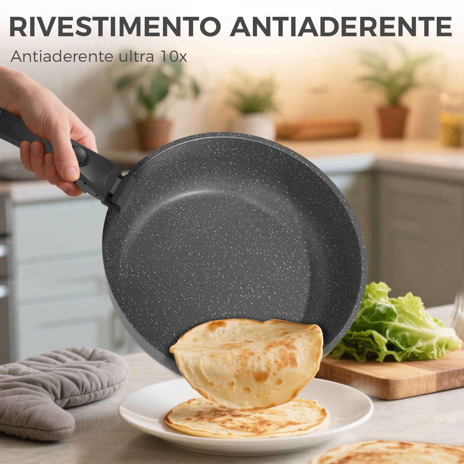 YASHE Set da cucina 15 pezzi, pentole e padelle con rivestimento antiaderente in granito, manici rimovibili, impilabili, facili da pulire, compatibili con induzione, gas e vetroceramica