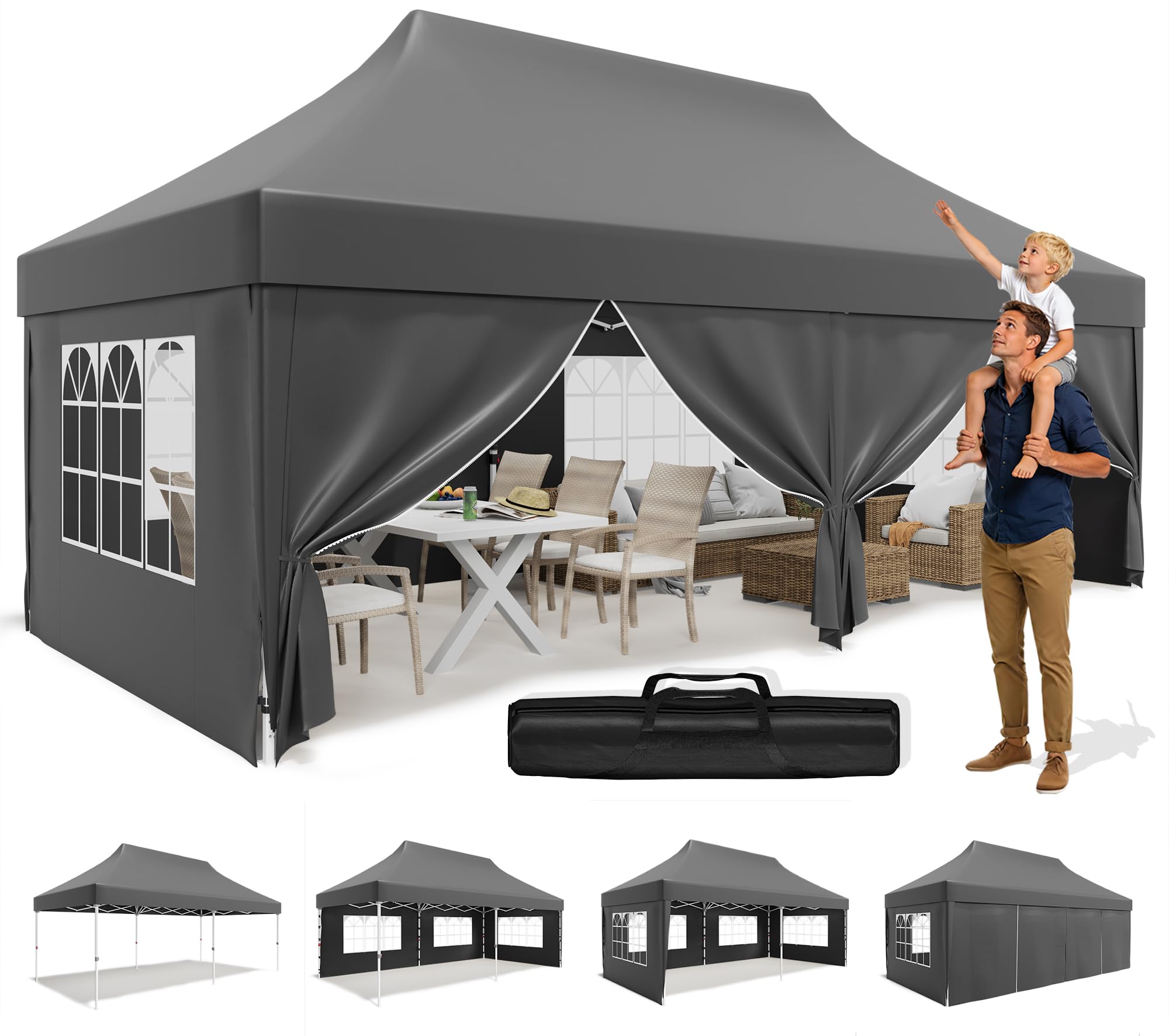 JUMMICO Gazebo pieghevole 3 x 6 con punta alta, prestazioni di protezione antipioggia migliorate del 60%, UV 50+, gazebo 3x6, impermeabile, stabile, resistente all'inverno, riparo con pareti laterali