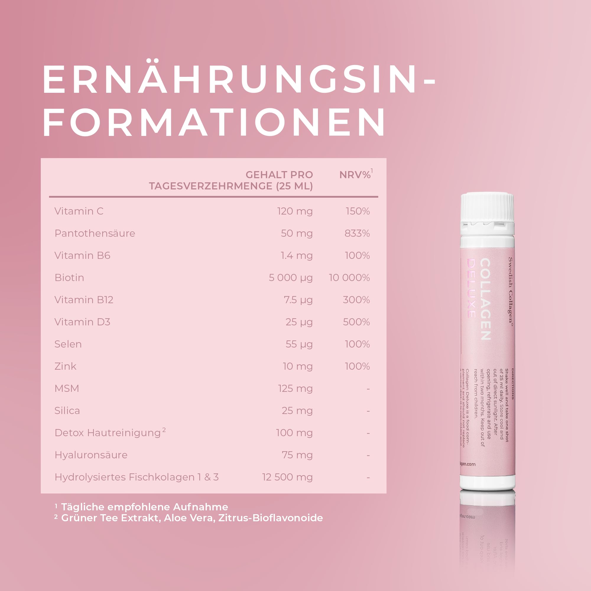 Swedish Collagen - Collagen Deluxe Shots, 20x25ml flüssige Kollagenergänzung | 12.500 mg Meereskollagen mit Hyaluronsäure, Vitaminen & Mineralien für Haare, Haut und Nägel (20)