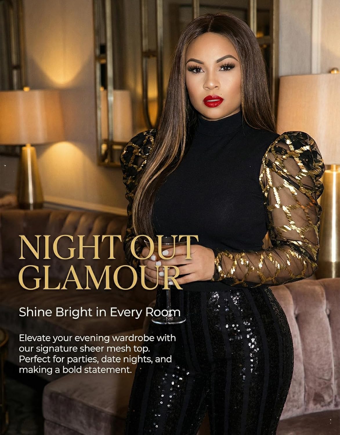 acelyn Women's Elegant Sequin Mesh Sheer Puff Long Sleeve Mock Neck Slim Fit Party Blouse Shirt Top