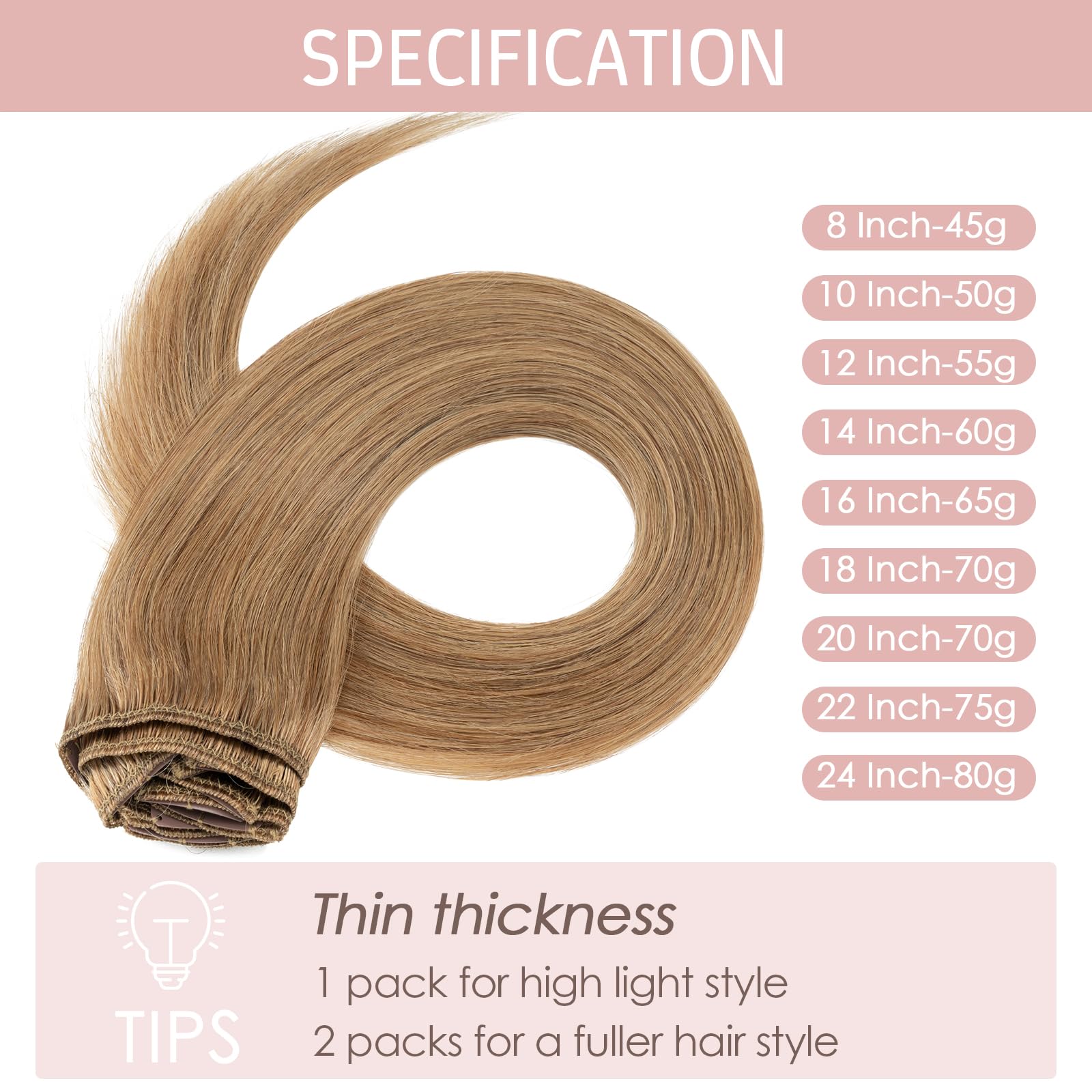 Silk-co Hair Extensions Clip in Hair Extension Human Hair 100% Remy Silky Soft (20"-70g - Image 2