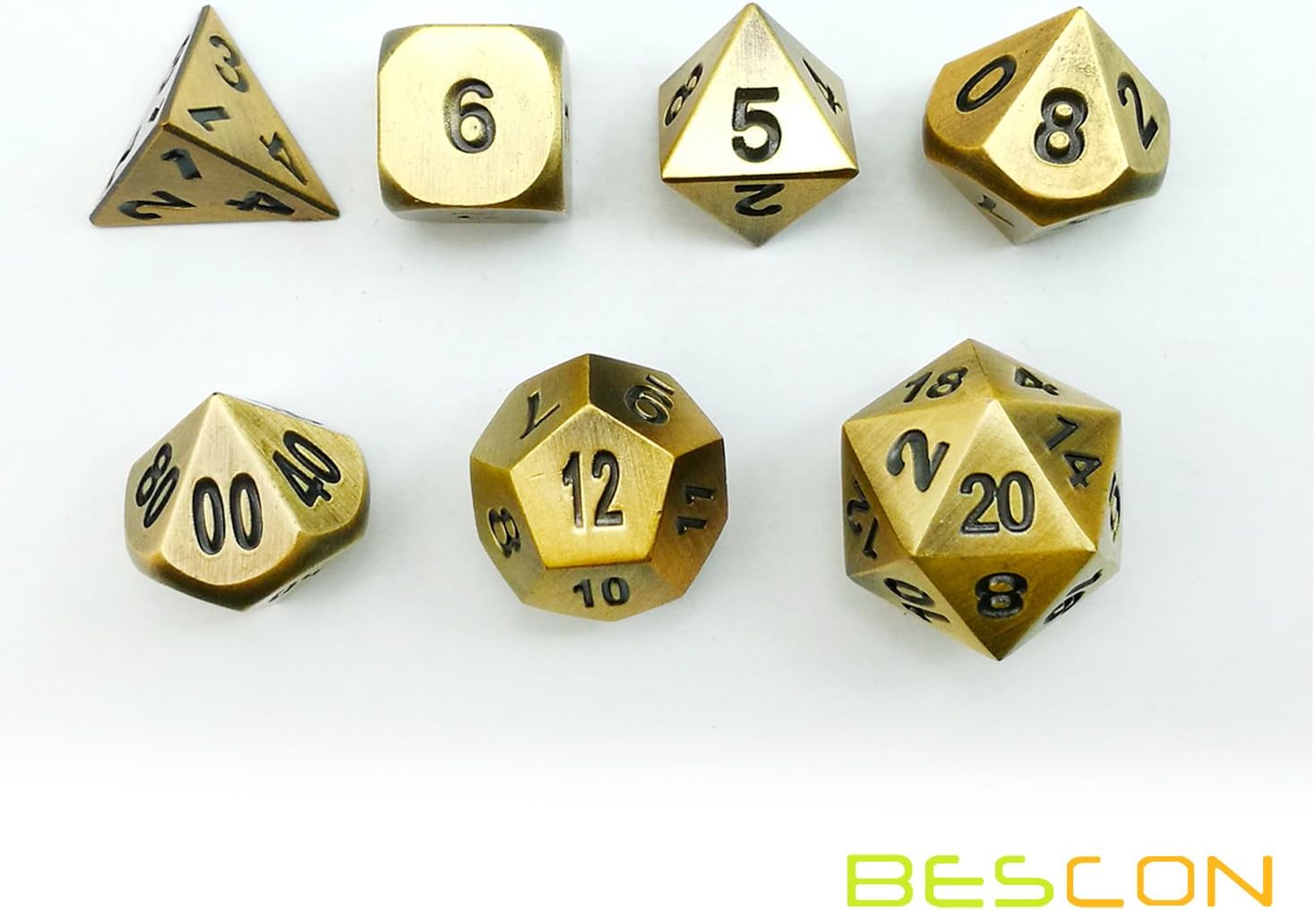 Bescon Brass Solid Metal Polyhedral D&D Dice Set of 7 Copper Metal RPG Role Playing Game Dice 7pcs Set