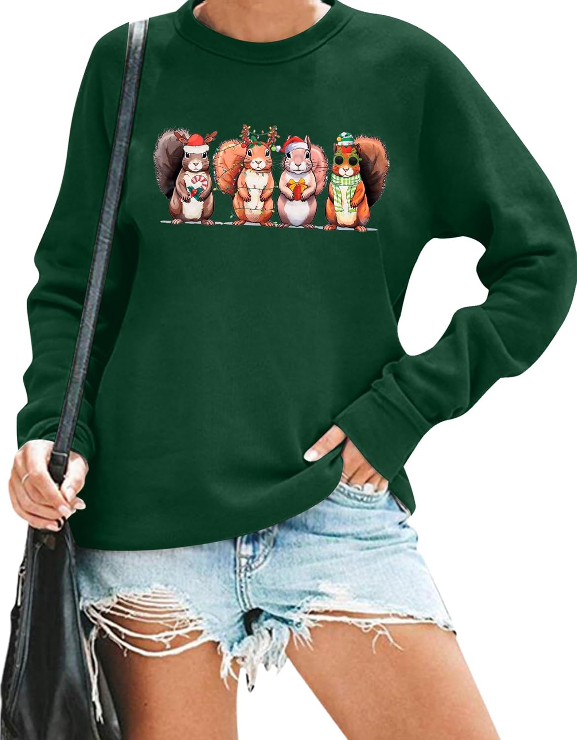 JINTING Christmas Sweatshirts for Women Squirrel Christmas Lights Sweatshirt Cute Xmas Graphic Long Sleeve Pullover