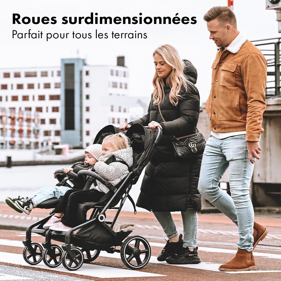 Passeggino Deryan XP X2 2 in 1 - Compatto e pieghevole - Adatto dalla nascita fino a 4 anni - Passeggino con portata massima di 22 kg per sedile - Nero