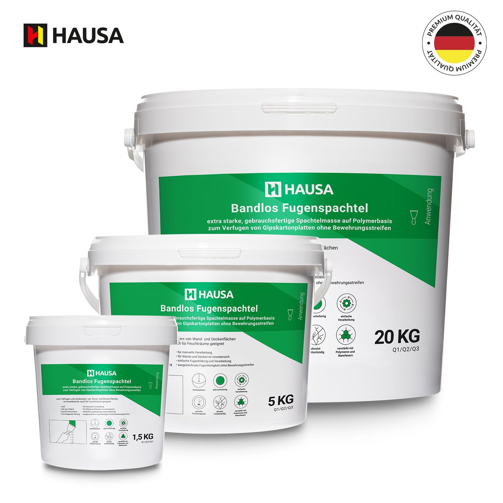 HAUSA HFB Mastic de réparation Mastic prêt à l'emploi Jointoiement de plaques de plâtre sans bandes de renfort pour murs plafonds à l'intérieur Remplissage de fissures blanc 20kg