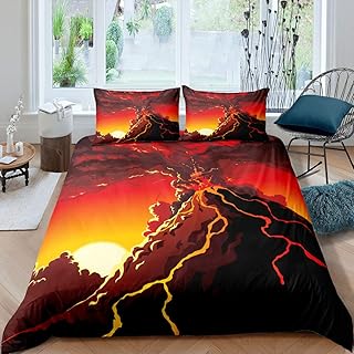 Erosebridal Volcano Bedding Set Natural Disaster Quilt Cover Twin Size Kids Boys Teens Adult Volcanic Eruptions Duvet Cover Golden Fire Flame Comforter Cover Decorative Room