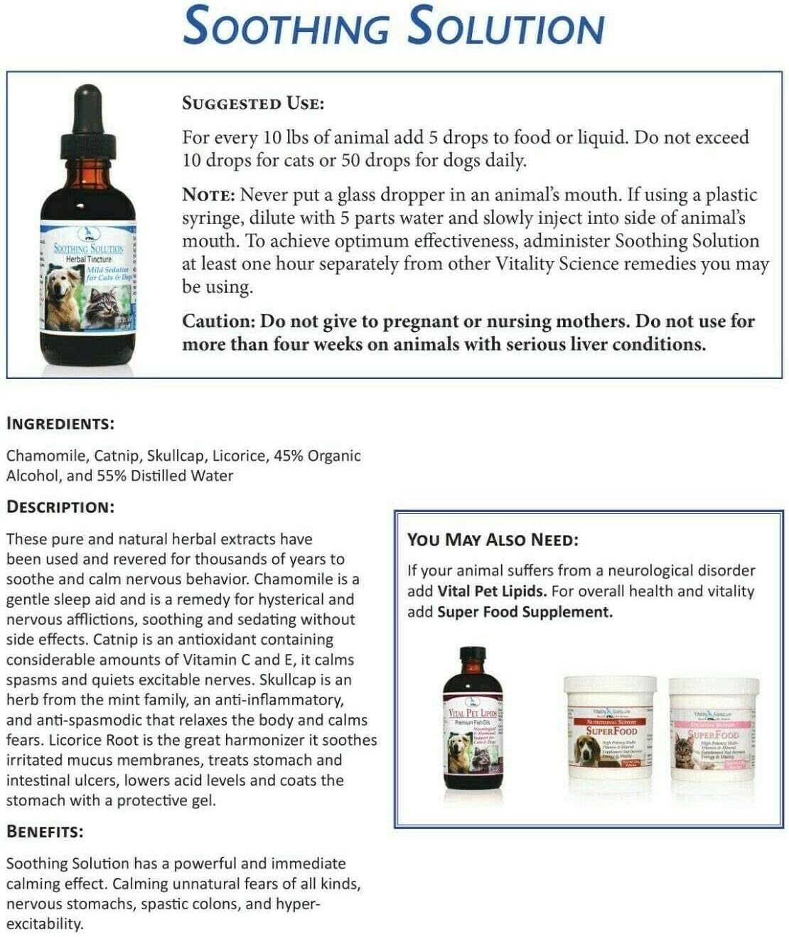 Vitality Science Soothing Solution Herbal Tincture for Cats & Dogs | Keeps Your Pet Calm & Relaxed | Gentle Sleep Aid | for Anxiety & Emotional Distress | Soothes Hyper-Activity | 100% Safe & Natural : Item Type Keywords Pet Relaxants And Target Audience Keywords House Cats : Pet Supplies