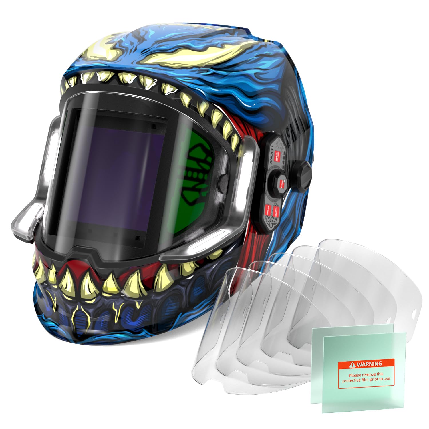 ANDELI Welding Helmet Casque de Soudeur panoramique - Vision 180° - 6 capteurs - 3,94" x3,74,ANDELI Lot de 5 lentilles de recouvrement extérieur + 2 lentilles de Protection intérieures