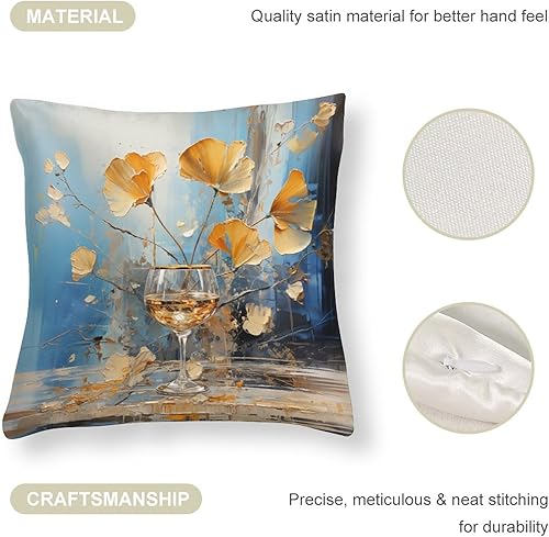 Miniatura 4 de Funda de almohada decorativa de 18 x 18 pulgadas, fundas de almohada decorativas de satén con hojas de ginkgo azules y doradas, fundas de almohada