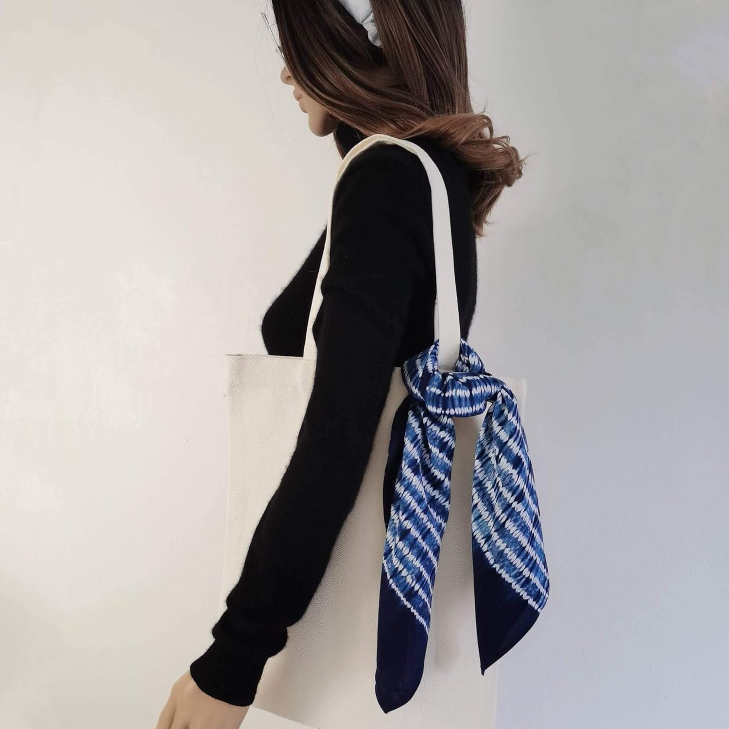 Handmade Shibori Tie Dye Bandana 25‘’, Silk Cotton Natural Indigo Hand Dyed Square Head Scarf, Hair Scarf