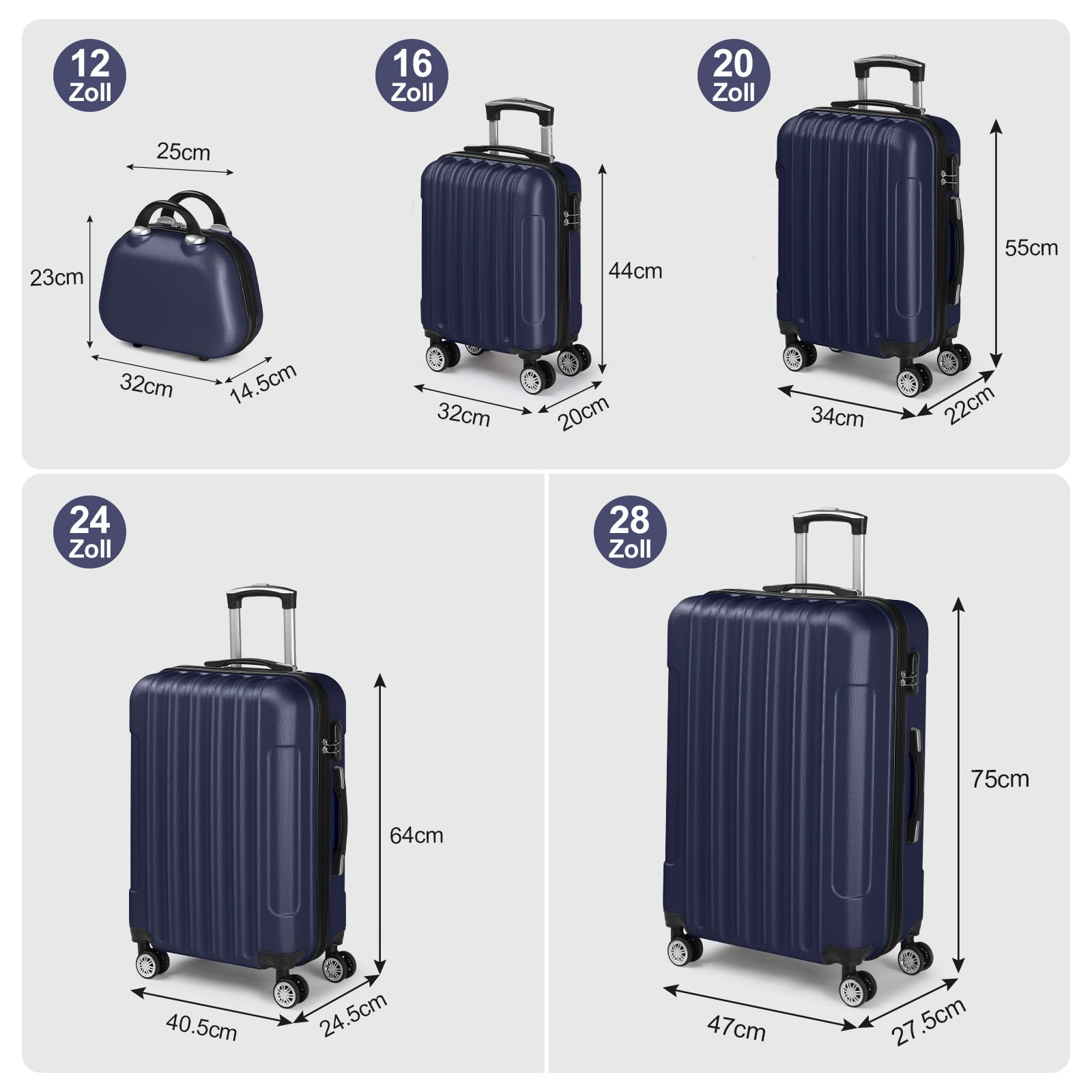 LALAHO Kofferset 5 teilig mit Kosmetikkoffer, Hartschalen Koffer Set aus ABS, Reisekoffer Set, Gepäckset mit Schminkkoffer & Handgepäck, Dunkelblau