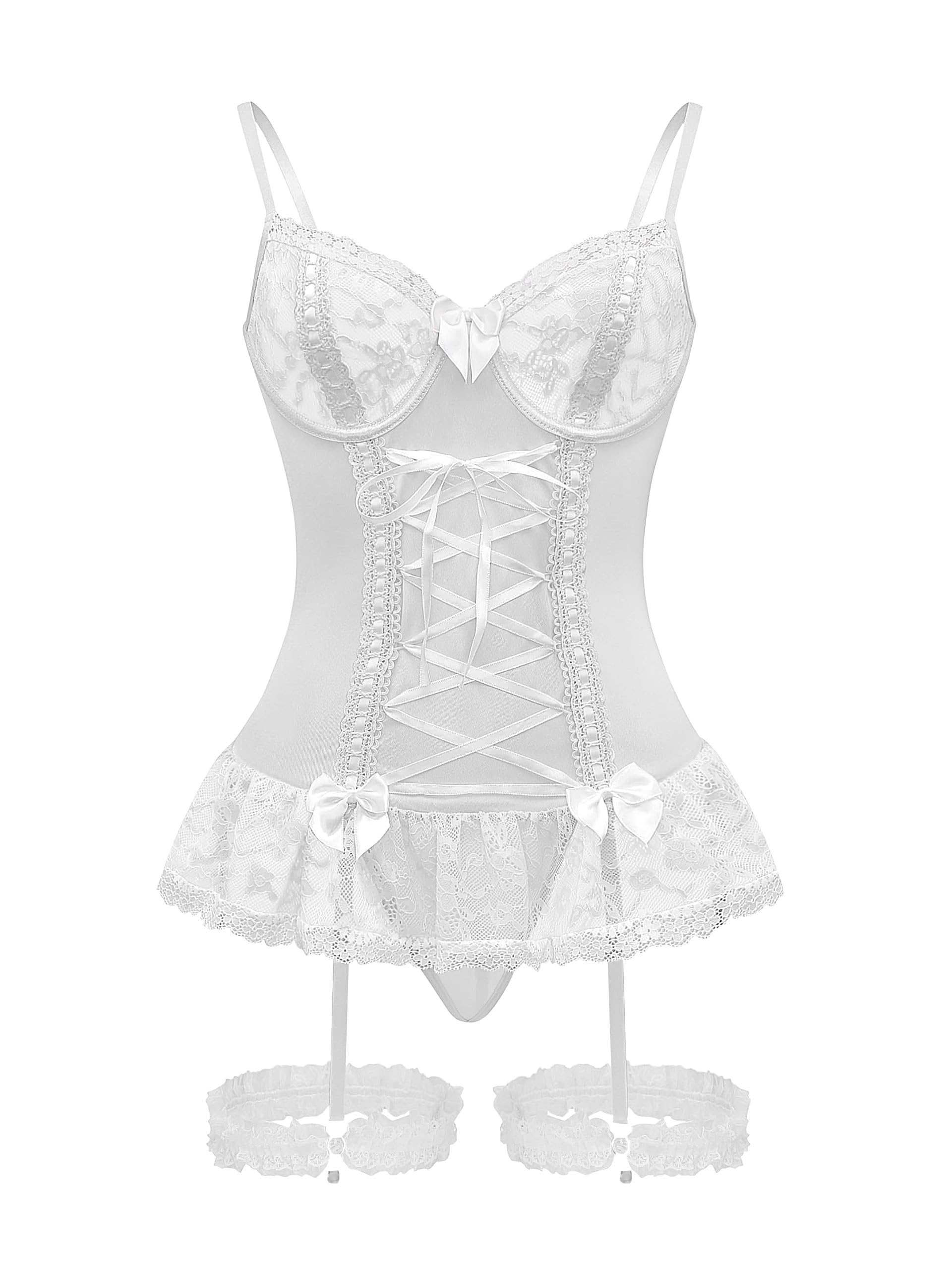 GXNRHG Corsé de Malla Sexy con Volantes y Encaje con Aros, Liguero Transparente, picardías, Conjunto de lencería con Tanga, 3 Piezas