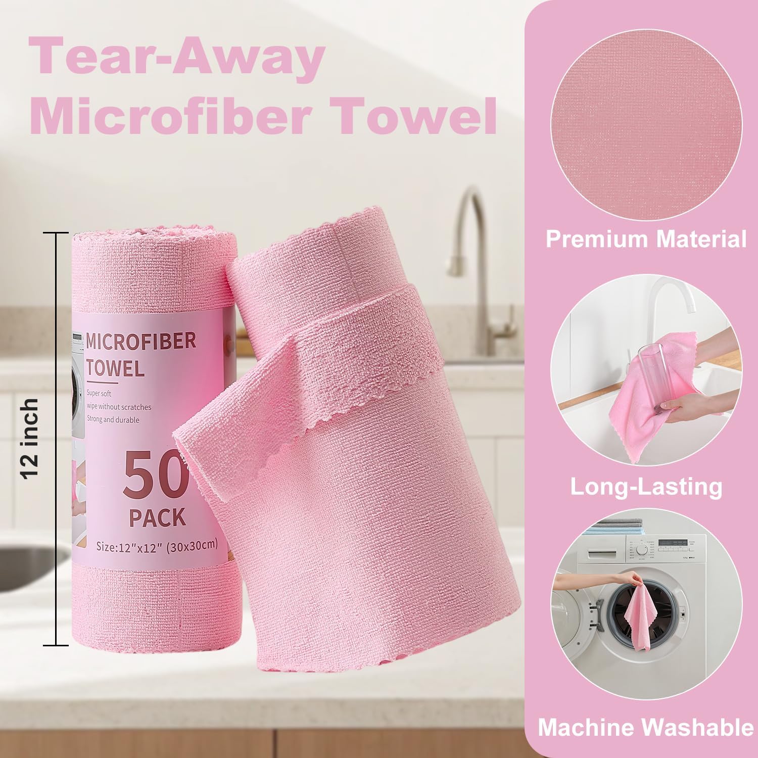 Jessy Home 2 Roll Reusable Paper Towels,100 Sheets Tear Away Microfiber Cleaning Cloth, Lint Free Cleaning Rags for Kitchen, Dishcloth,Household Cleaning Supplies image 3