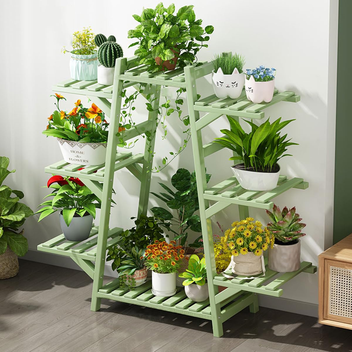 Support à plantes en bambou avec 8 pots de fleurs vert pour angle intérieur et balcon