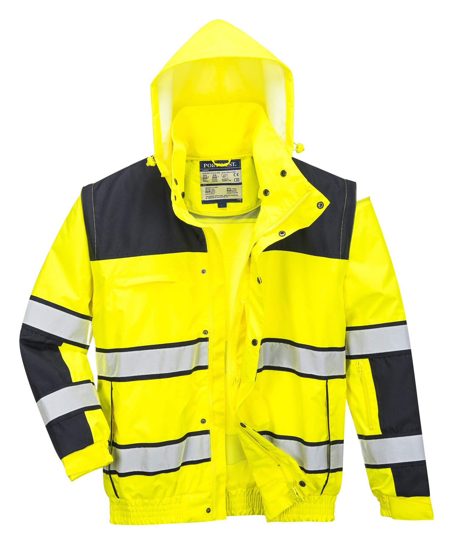Portwest C466 Kurtka robocza 3-in-1 Elementy Odblaskowe Zamek Błyskawiczny | Żółty/Czarny, XL, EN ISO 20471 Klasa 3, EN 342, Krój Standardowy, Długi Rękaw, Unisex, 6 Kieszeni, 300D Oxford, Poliester