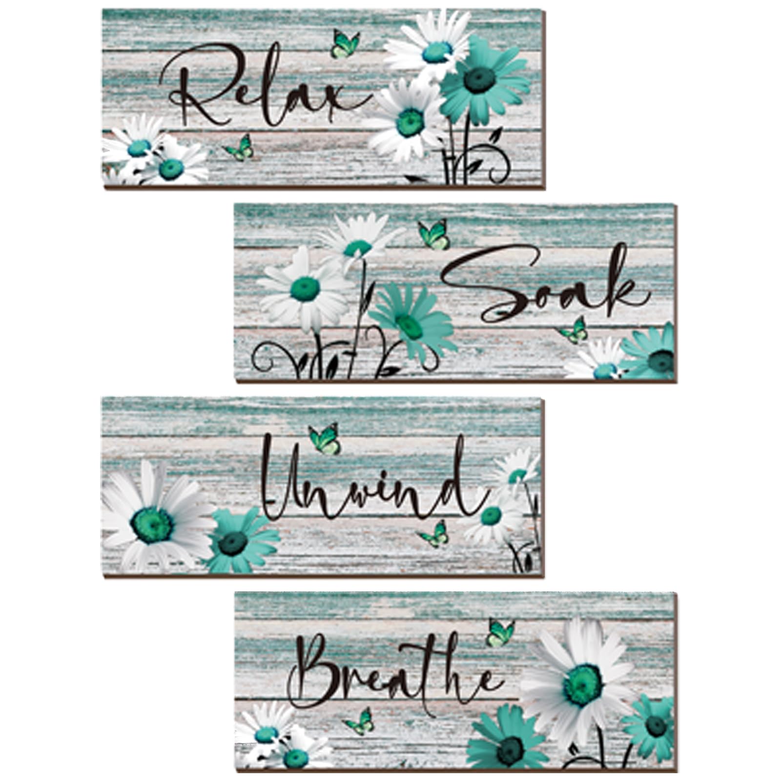 4 Pcs Farmhouse Bathroom Wall Decor Teal Daisy Floral Flowers and Turquoise Butterfly Teal Bathroom Art Relax Soak Unwind Breathe Rustic Wood Plaque for Home Spa Laundry (10 x 4 Inch)