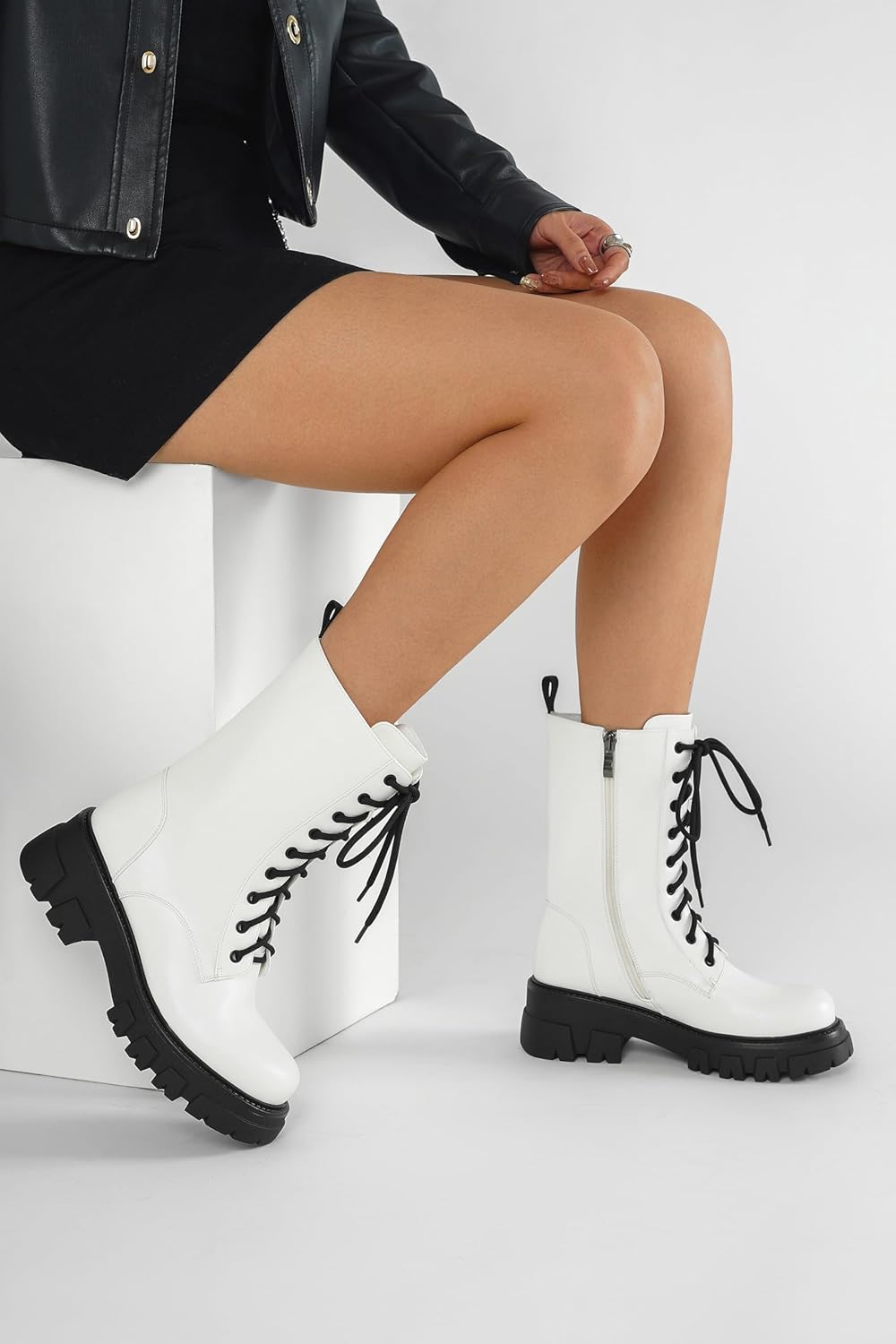 Women Harness Motorcycle Biker Boots Steampunk Combat Boots Chunky Mid Calf Goth Boots Lug Sole Lace up Side Zipper - Image 3