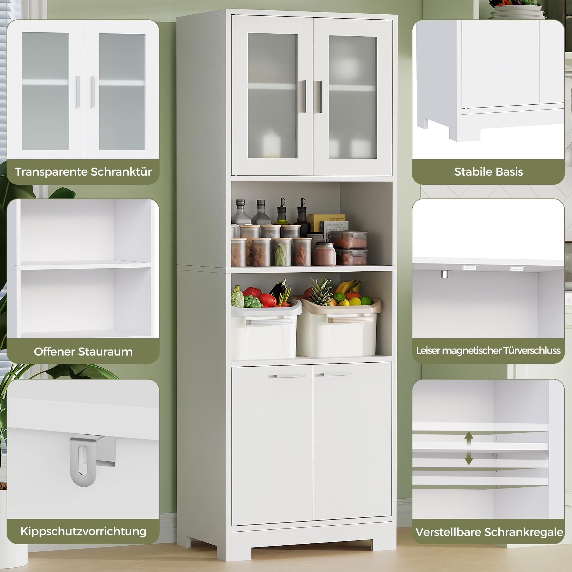 BEWISHOME Weiß Hoher Badezimmerschrank,Badschrank,Badezimmermöbel | mit Verstellbare Ablagen, Mehrzweckschrank mit Glastür und offenem Fach,für Badezimmer/Wohnzimmer, 40 * 60 * 180cm EYYG04W
