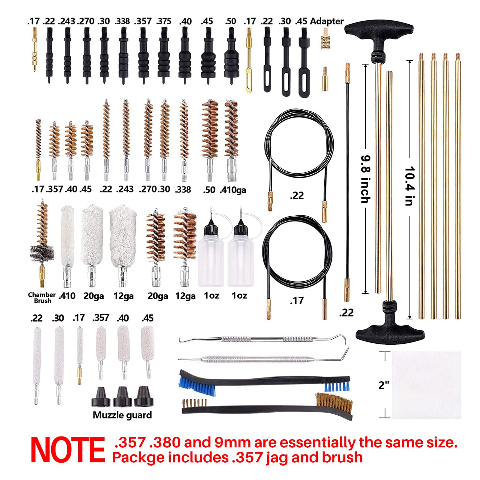 BOOSTEADY Kit de Nettoyage pour Fusil de Chasse, Kit Nettoyage Pistolet 12.20.30.243.280.40.45.357/9mm/.380, Brosses à Alésage en Laiton Multi-Calibres