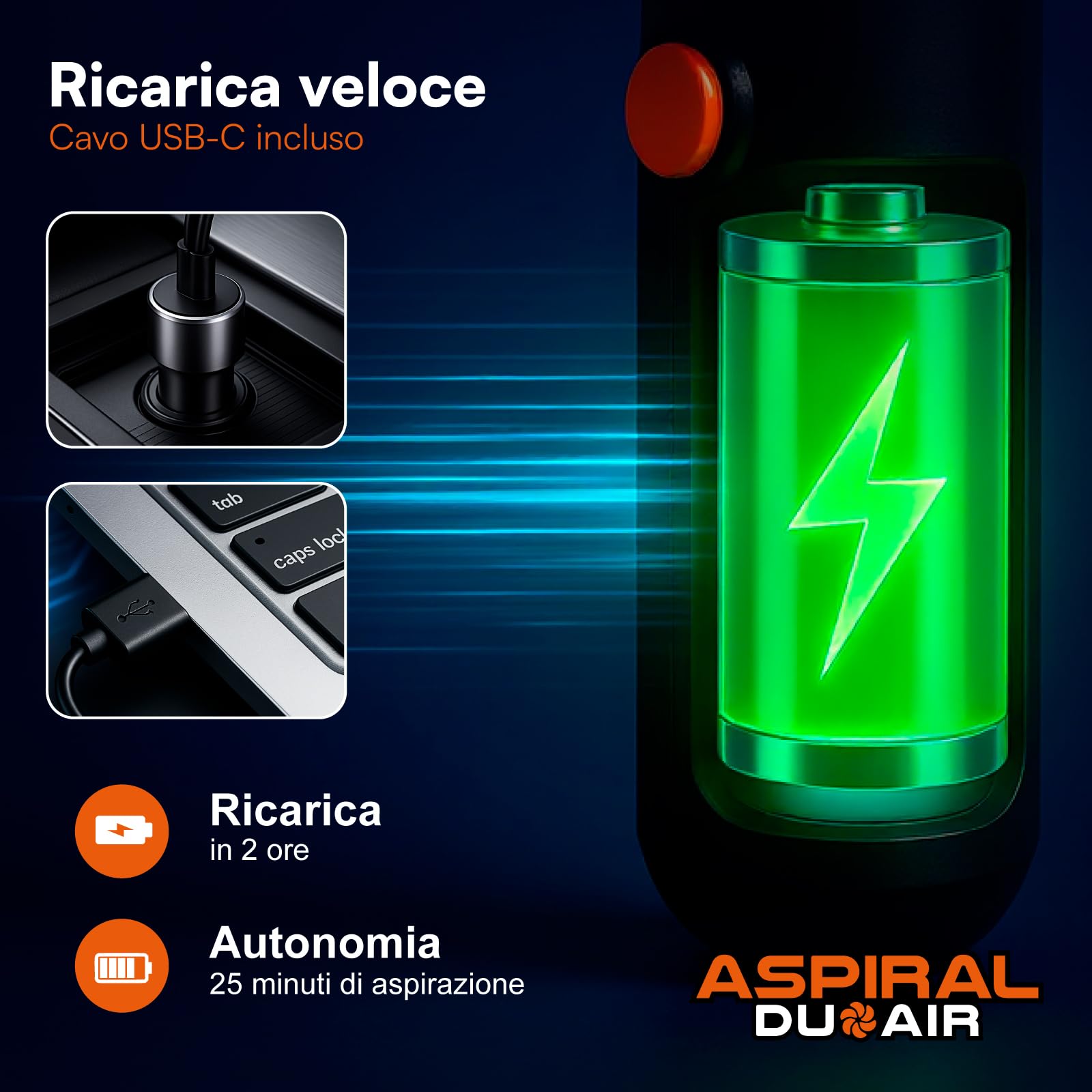 Aspirapolvere Aspirabriciole Senza Fili Auto Casa e Ufficio - Mini Aspiratore e Soffiatore Portatile 2in1 Aspiral DuoAir Ricarica Rapida USB e 4 Accessori Inclusi - Dimensioni 14x15,5x5,5cm