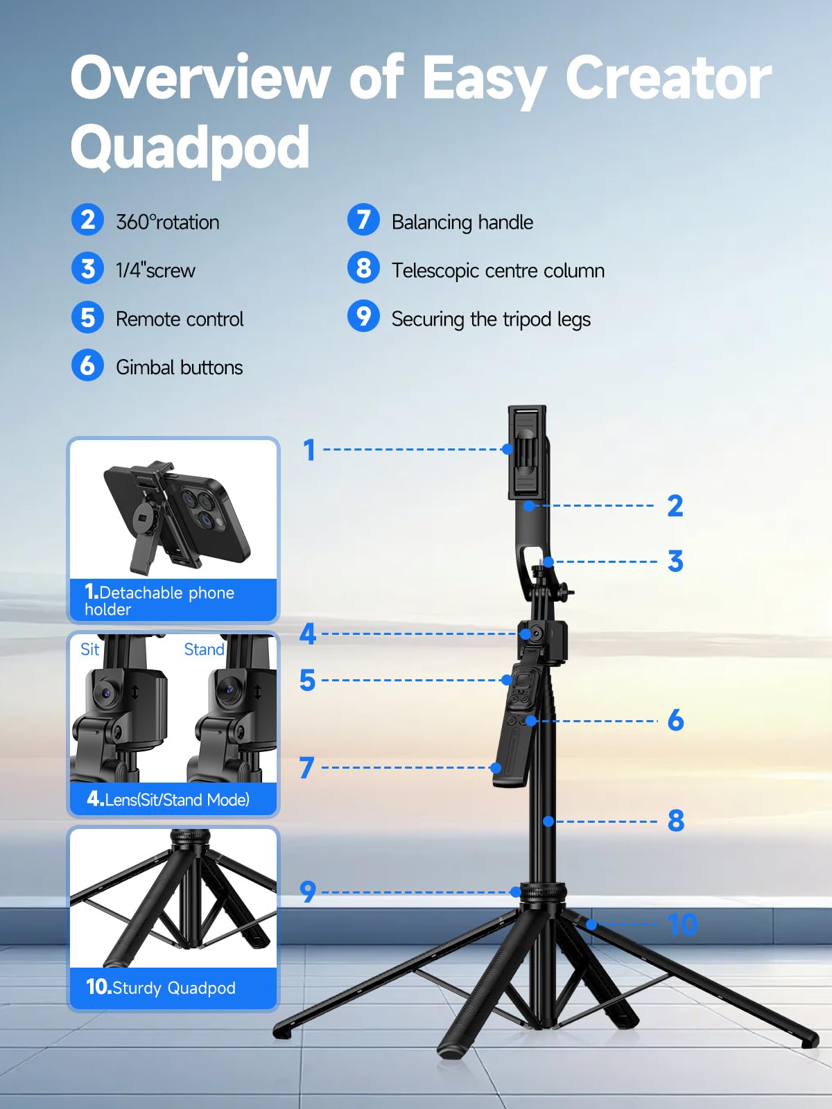 Rollei Easy Creator Quadpod z AI Tracking 360, automatyczne śledzenie twarzy, kijek do selfie z pilotem zdalnego sterowania do filmowania, do Tiktok Live Streaming Vlog, statyw do telefonu komórkowego