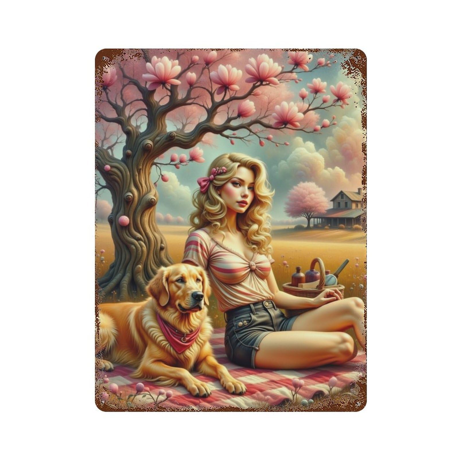 Spring Picnic with Golden Retriever Rust Effect Tin Sign 15.7"x11.8", Vintage Wall Decor for Bistro, Counter And Cafe Decor