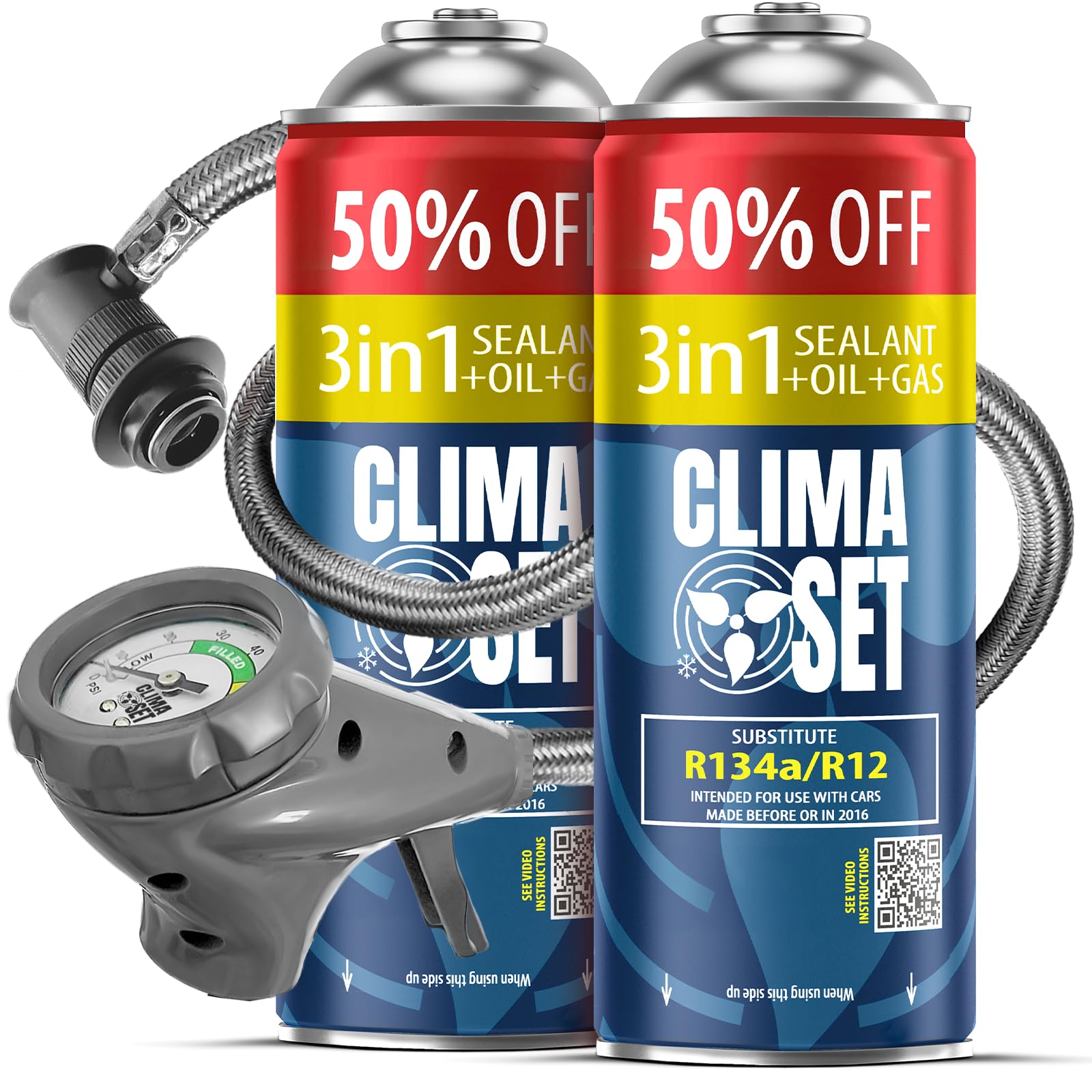 CLIMASET - Kit de Recarga de Aire Acondicionado para Coche - 2 Unidades 3 en 1 de sustituto R134a + Manguera - para vehículos de 1994 a 2016, Manguera Moderna y fácil de Usar, manómetro