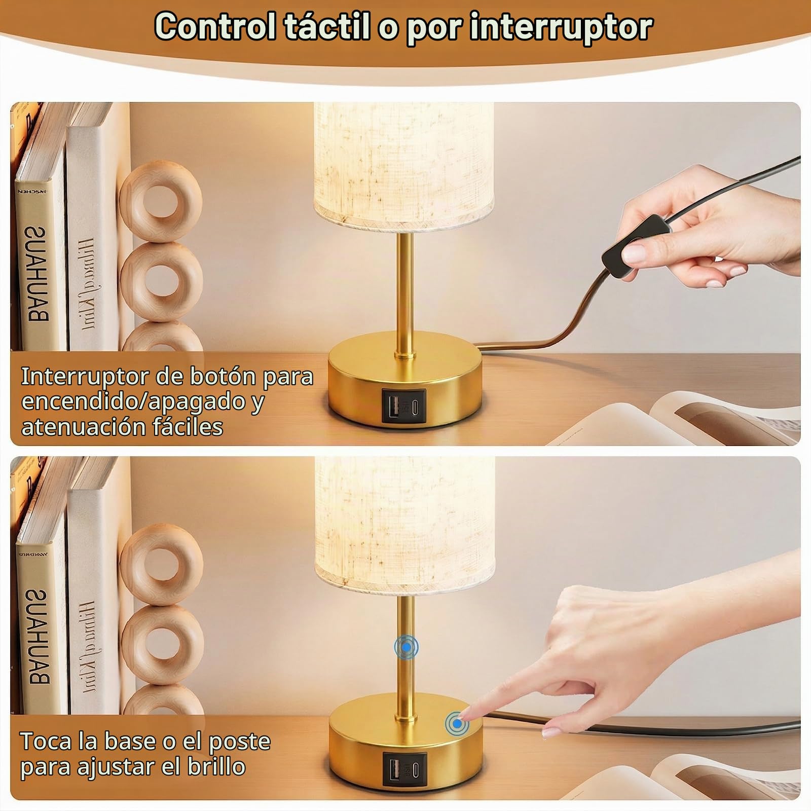 2 Unidades Lámparas de Mesita de Noche Control Táctil, con Carga | Lámpara de Mesa con Puertos USB-A y USB-C, Regulable en 3 Niveles, Pantalla de Lino, Cable de 1,5 m, E27 Incluida, Dorado