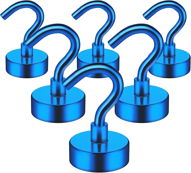 6 Pack Magnetic Hooks, 10 kg+(22 lb+) Strong Magnet Hooks, Fridge Magnet Hooks for Hanging, Neodymium Magnets with Hook, Magnetic Hooks for Cruise, Ceiling, Bathroom, Kitchen, Towel, Garage (Blue)