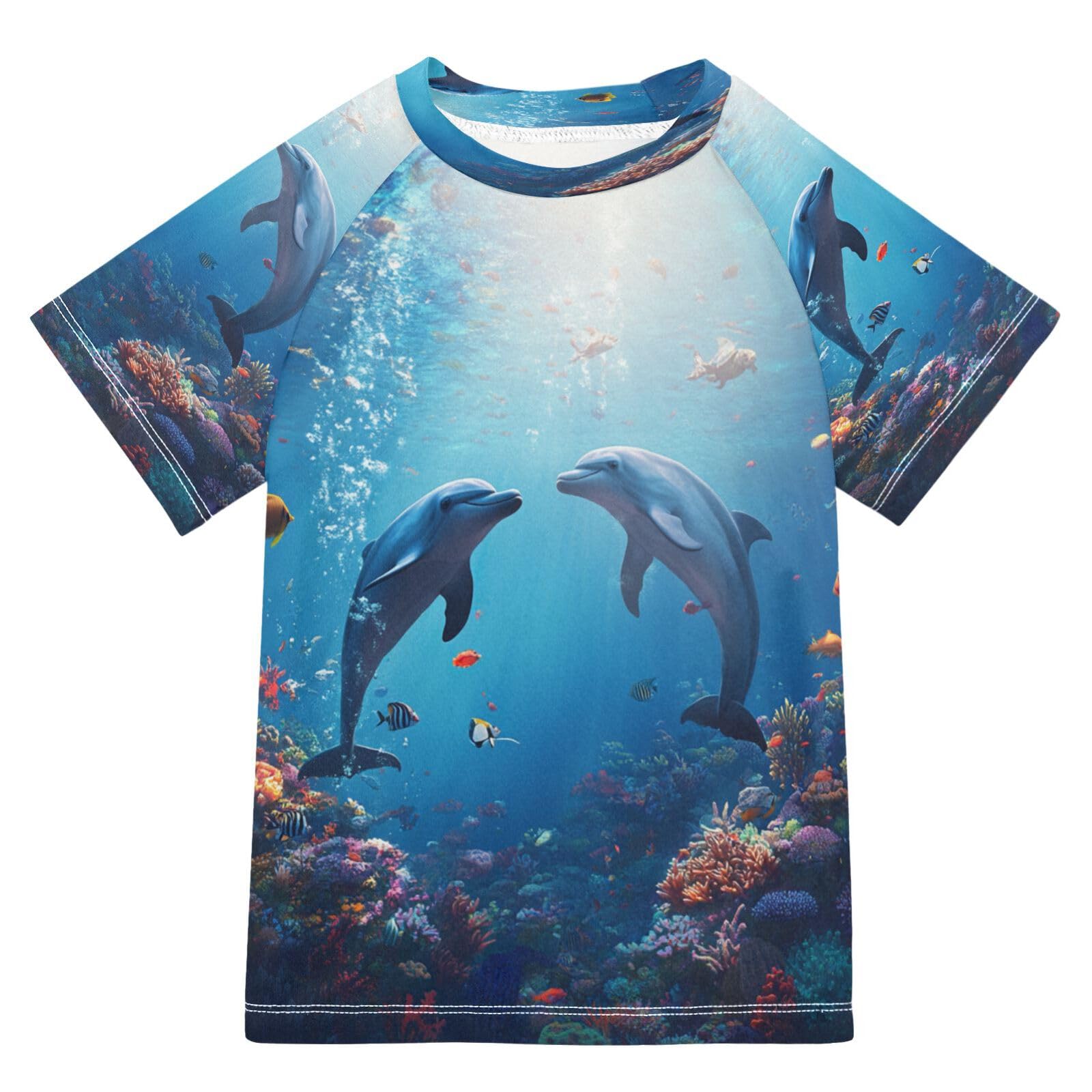 Boys Sun Shirts UV Protection Short Sleeve Rash Guard Swim Shirt Dolphin Water Shirt Rashguard 11-12T,66