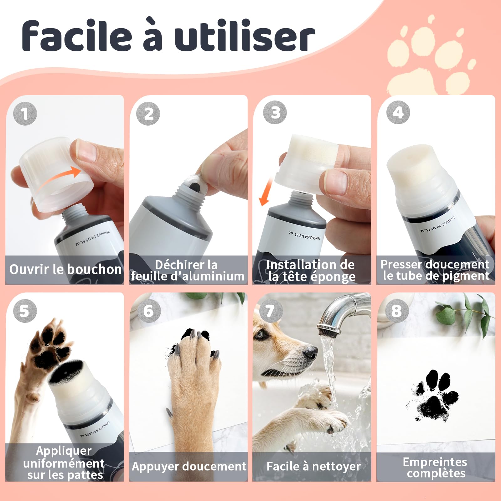 Nabance Kit Empreinte Chien Avec Tête Éponge Noir 75ml Non Toxique et Lavable Kit Empreinte Chat kit Empreinte Bebe Convient Aux Cadeaux Pour Animaux Création d'une Empreinte d'animal