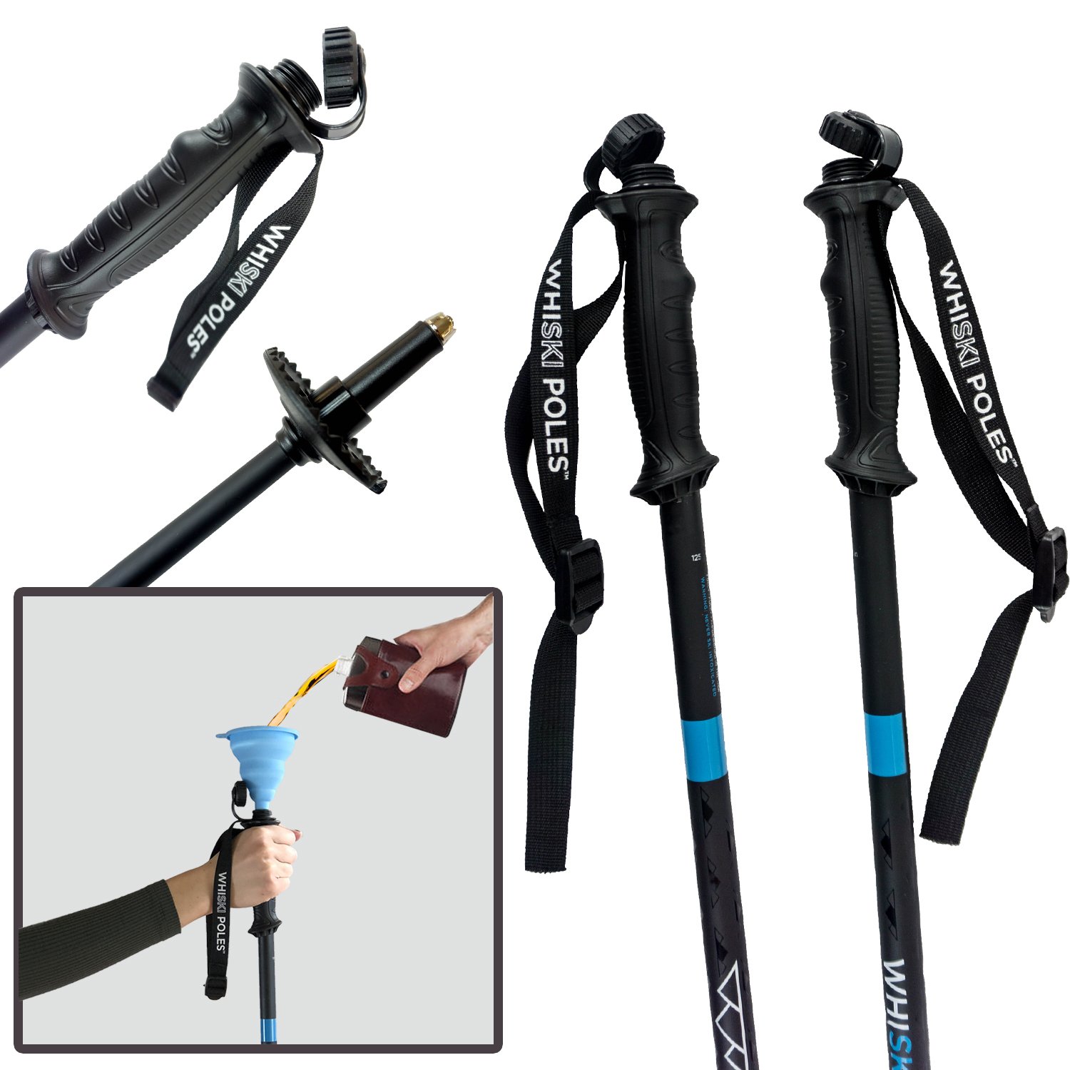 WhiSki PolesOriginal Best Gift for Skiers - SKI Pole FLASKS Holding 16 oz + Free Collapsible Funnel + Stickers