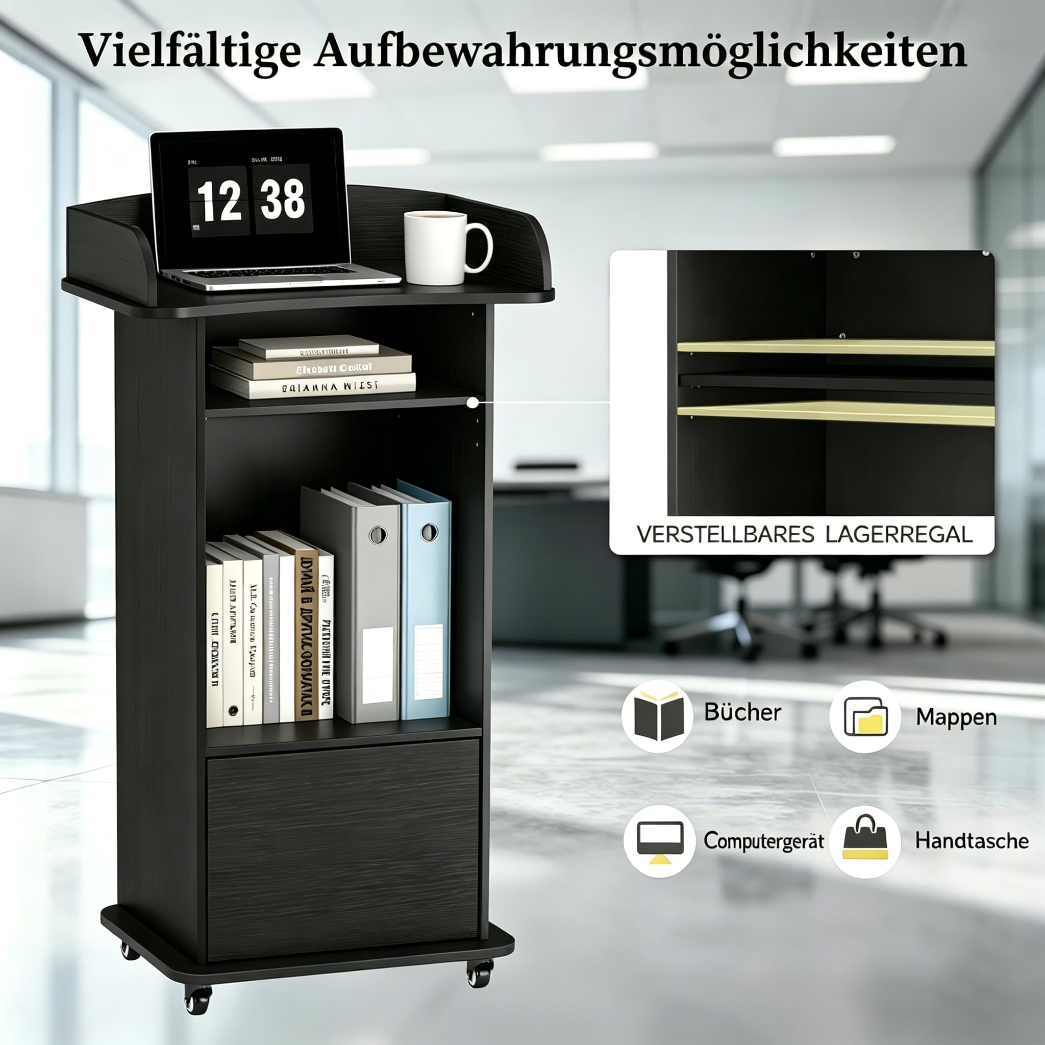 Holz-Rednerpult, Stehpult mit Rollen, mit Laptoptisch Funktion und 3 Ablageflächen, Ideales Rednerpult für Kirchen, Vorträge, Schulen und Seminare (Schwarz)