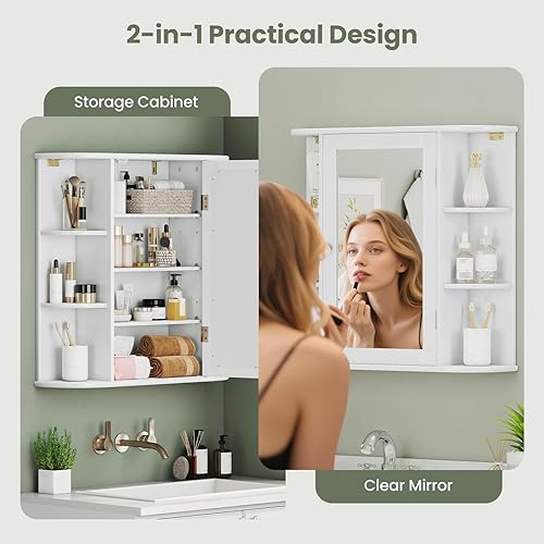 Miniatura 4 de Giantex Botiquín de baño, armario de espejo de baño montado en la pared con puerta de espejo y 4 estantes interiores, 6 estantes abiertos,