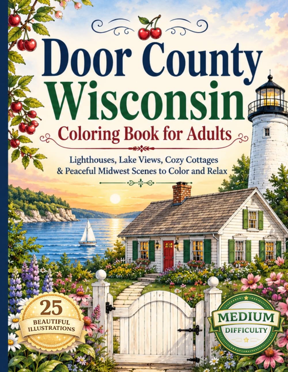 DOOR COUNTY WISCONSIN COLORING BOOK FOR ADULTS: Lighthouses, Lake Views, Cozy Cottages & Peaceful Midwest Scenes to Color and Relax