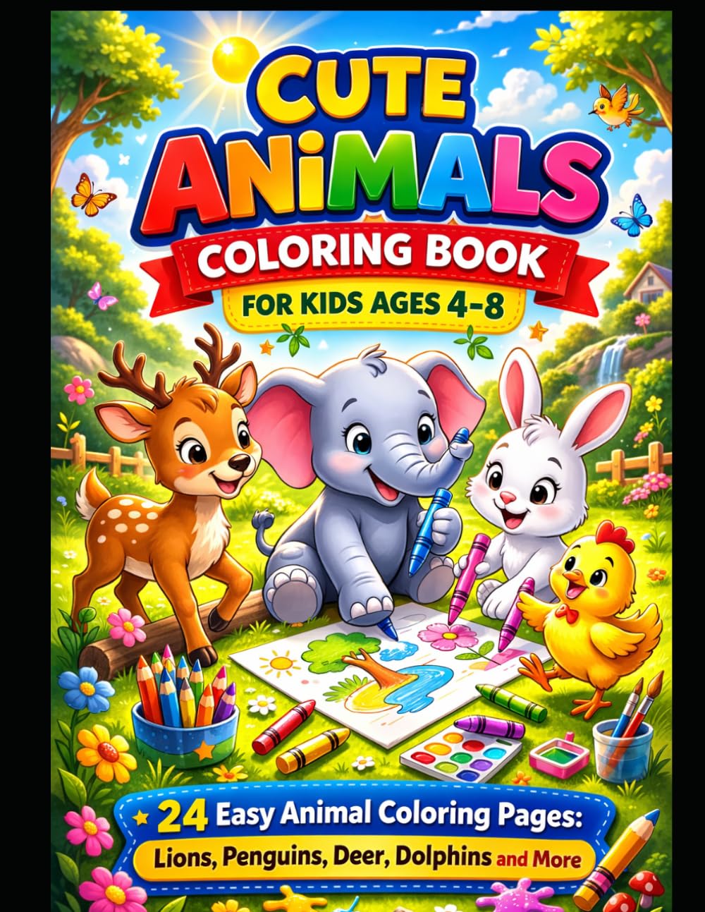 Cute Animals Coloring Book for Kids Ages 4–8: Fun and Easy Animal Coloring Pages for Boys and Girls