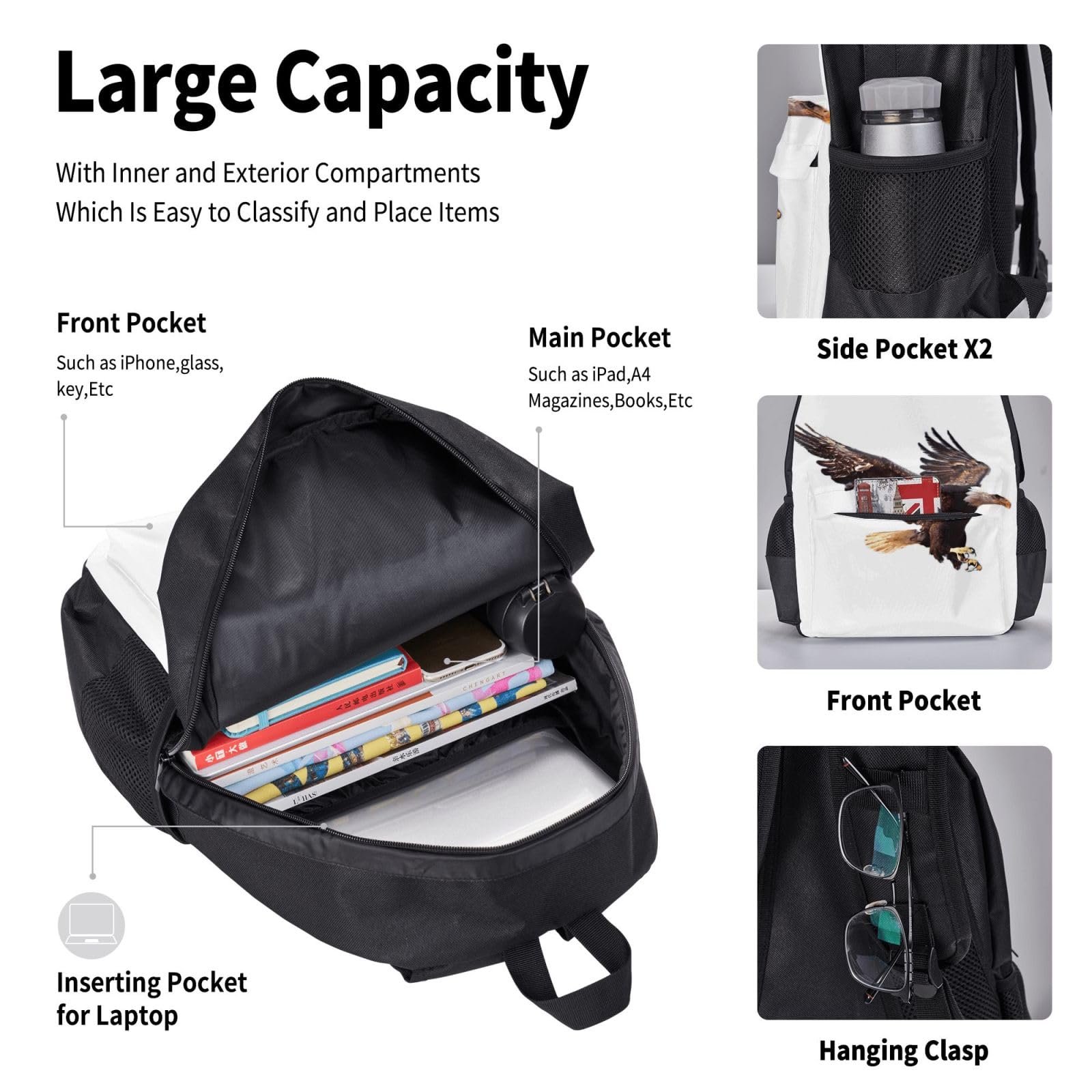 Juego de 3 mochilas escolares con estampado de águila, mochila para laptop resistente al agua de gran capacidad con bolsa de almuerzo aislada y estuche para lápices para adolescentes de