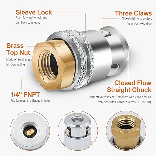 Miniatura 2 de SAFELIFE Paquete de 2 portabrocas de aire con bloqueo de flujo cerrado de alta resistencia con NPT de 14 pulgadas para accesorios de compresor de
