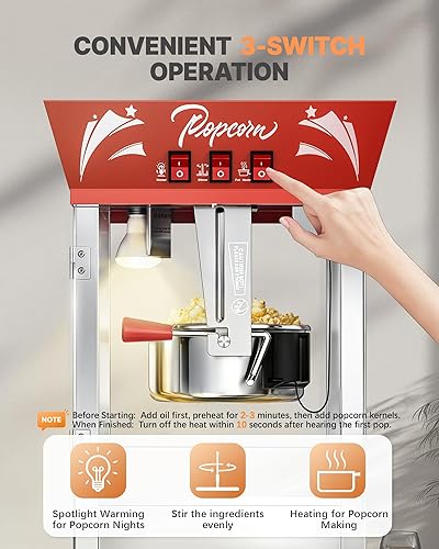 Miniatura 5 de Máquina comercial de palomitas de maíz de 12 onzas, 850 W, máquina de palomitas de maíz de cine, máquina de maíz de mesa roja con control de 3 Rojo