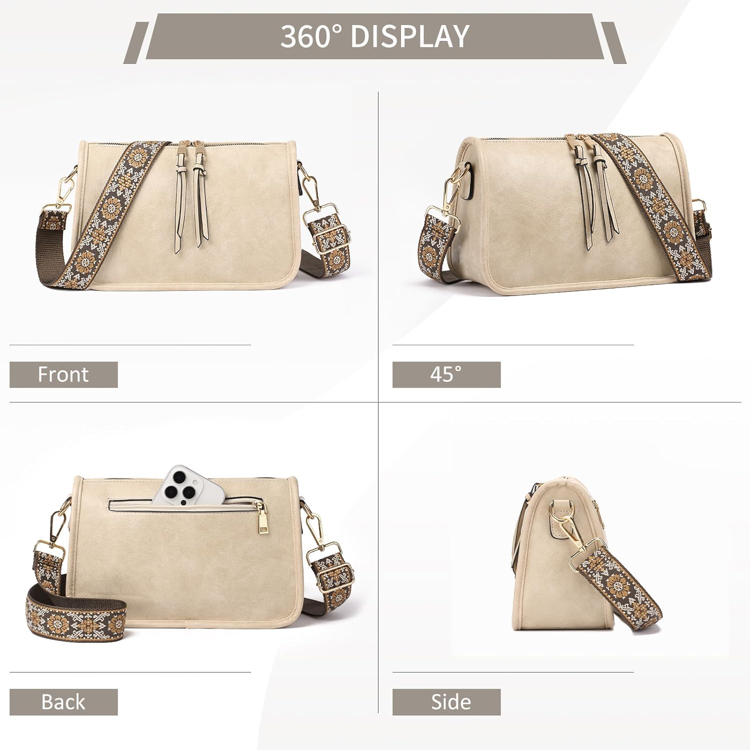 SENDEFN Crossbody Bag for Women PU Leather Bohemian Vintage Stylish Purses Shoulder Handbags with Adjustable Guitar Strap - Image 6