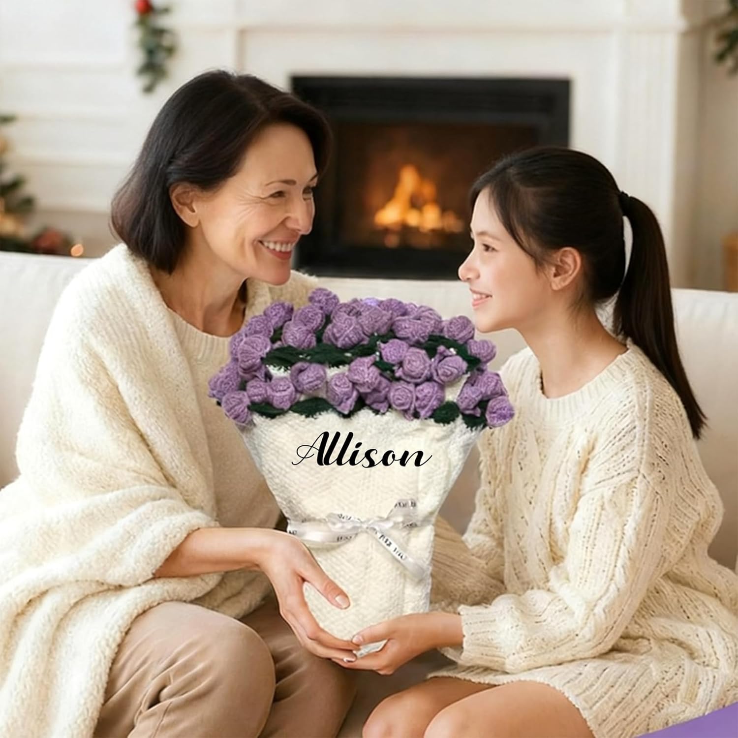 Custom Rose Flower Blanket with Embroidered Name - Personalized Crochet Bouquet Throw Blanket, Gift for Birthday Wedding Valentine’s Day Mother's Day Christmas (Purple)