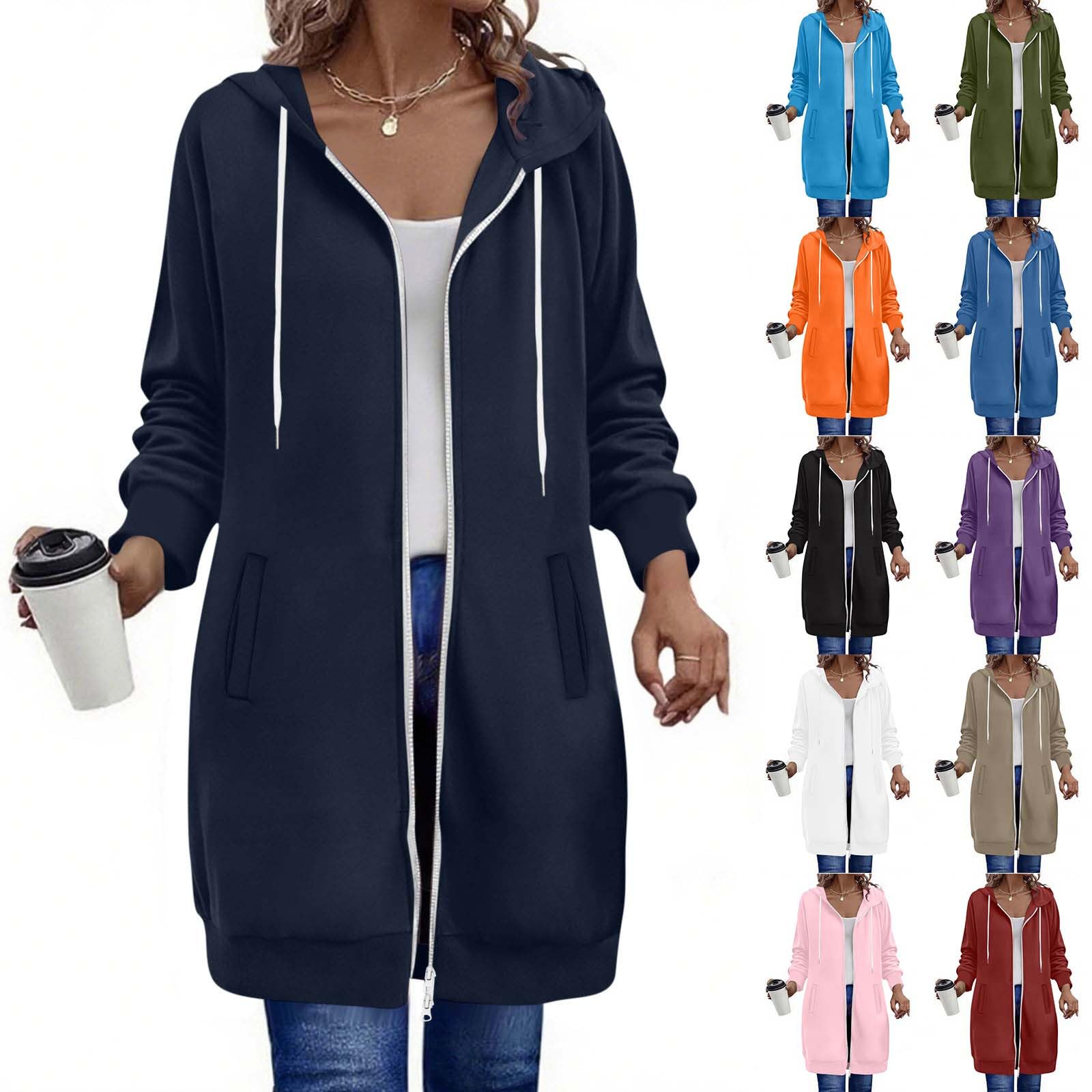 Generisch Hoodie Damen Lang Sweatjacke mit Kapuze Langarm Kapuzenjacke Sweatshirt Zipper Kapuzenpullover Übergangsjacke mit Reißverschluss Pullover Sportjacke Einfarbig Trainingsjacke mit Taschen