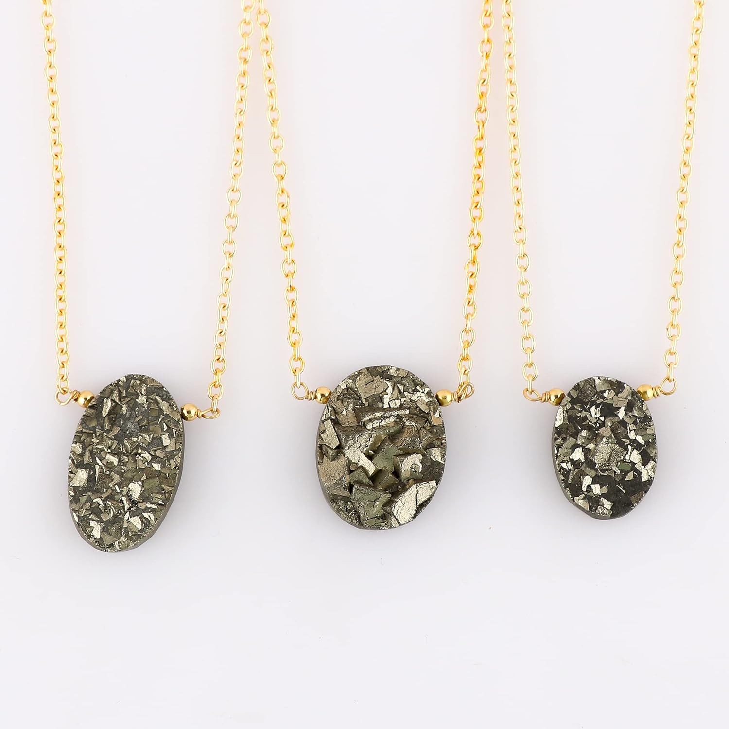 Natural Pyrite Druzy Oval Cabochon Necklace | Gold Plated Gemstone Pendant Necklace | Pyrite Stone 8–12 mm | Approx 15–25 Carat | Adjustable Chain 16+2 Inch - Image 4